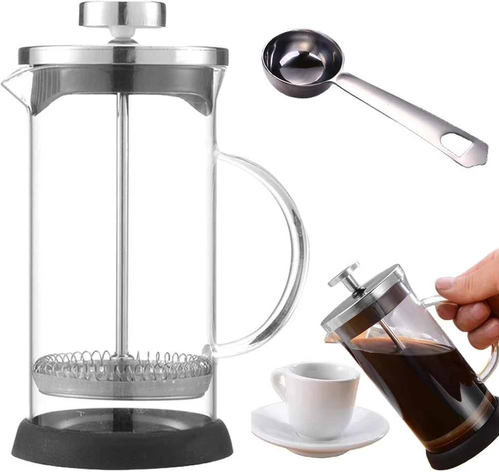 Kavos aparatas French press 600 ml, kavos virimo aparatas su kavos pupelių šaukšteliu, stiklas su dideliu borosilikato kiekiu, kavos puodas, french press kava, kavos virimo aparatas su nerūdijančio plieno filtru, skirtas biurui, namams, stovyklavimui