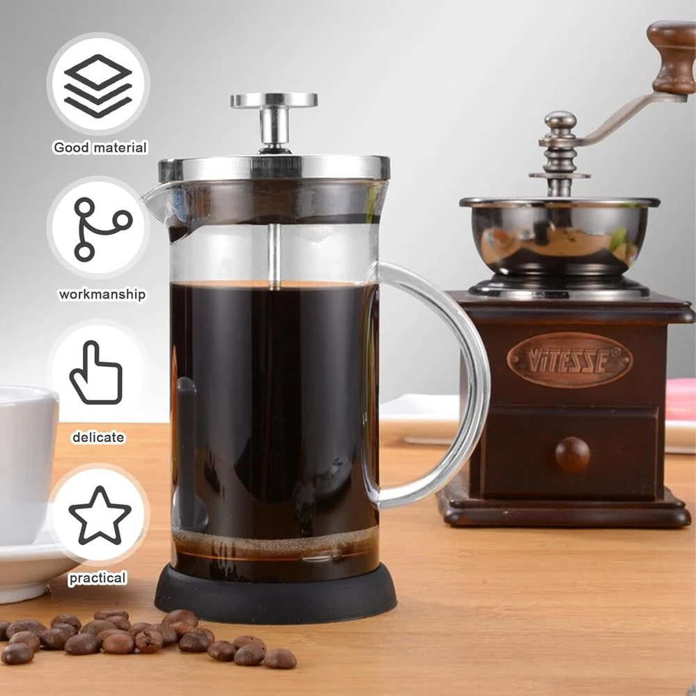 Kavos aparatas French press 600 ml, kavos virimo aparatas su kavos pupelių šaukšteliu, stiklas su dideliu borosilikato kiekiu, kavos puodas, french press kava, kavos virimo aparatas su nerūdijančio plieno filtru, skirtas biurui, namams, stovyklavimui