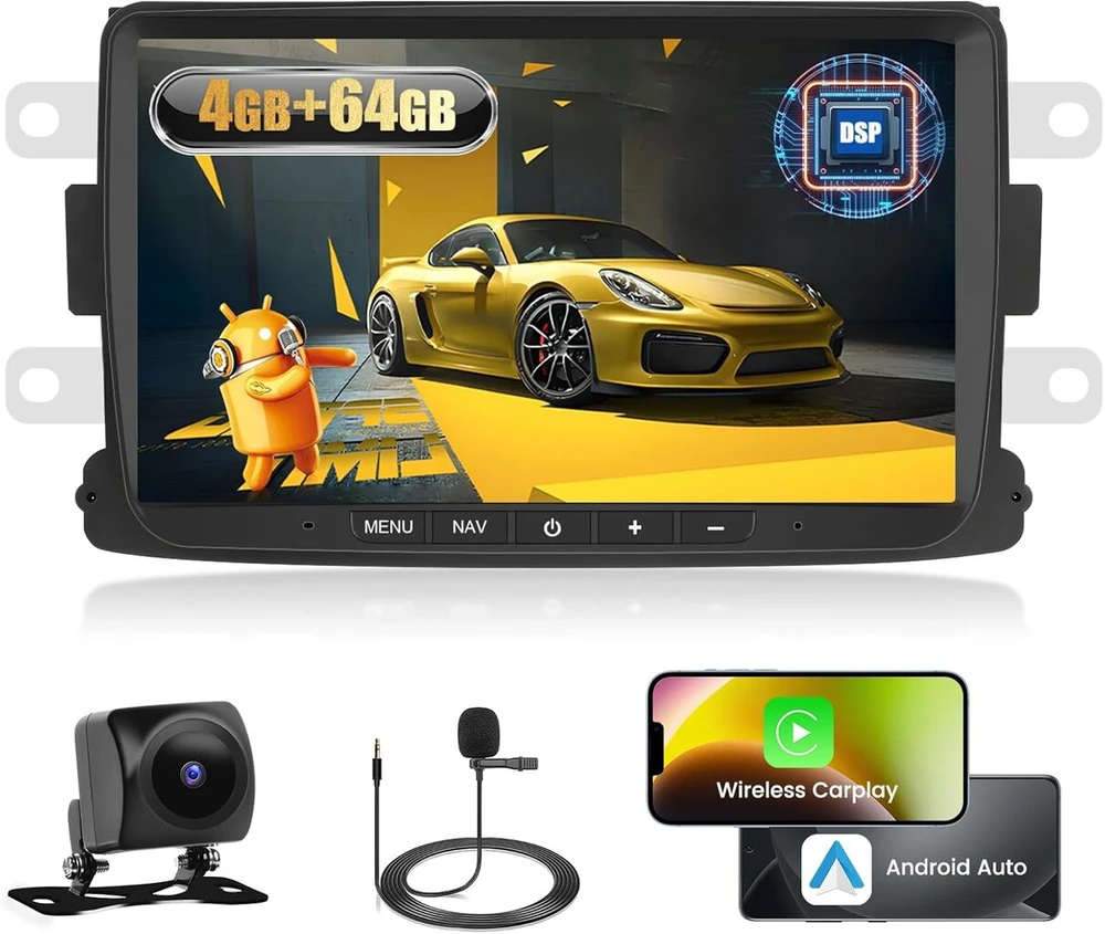 Automagnetola Fuluku 4+64g Android automobilinis radijas, skirtas Renault Dacia Duster Sandero Dokker Logan Lodgy Captur su belaidžiu Carpaly ir Android Car, 8 colių Ips jutiklinis ekranas su Bluetooth 5.0/gps/atbuline Kamera/fm