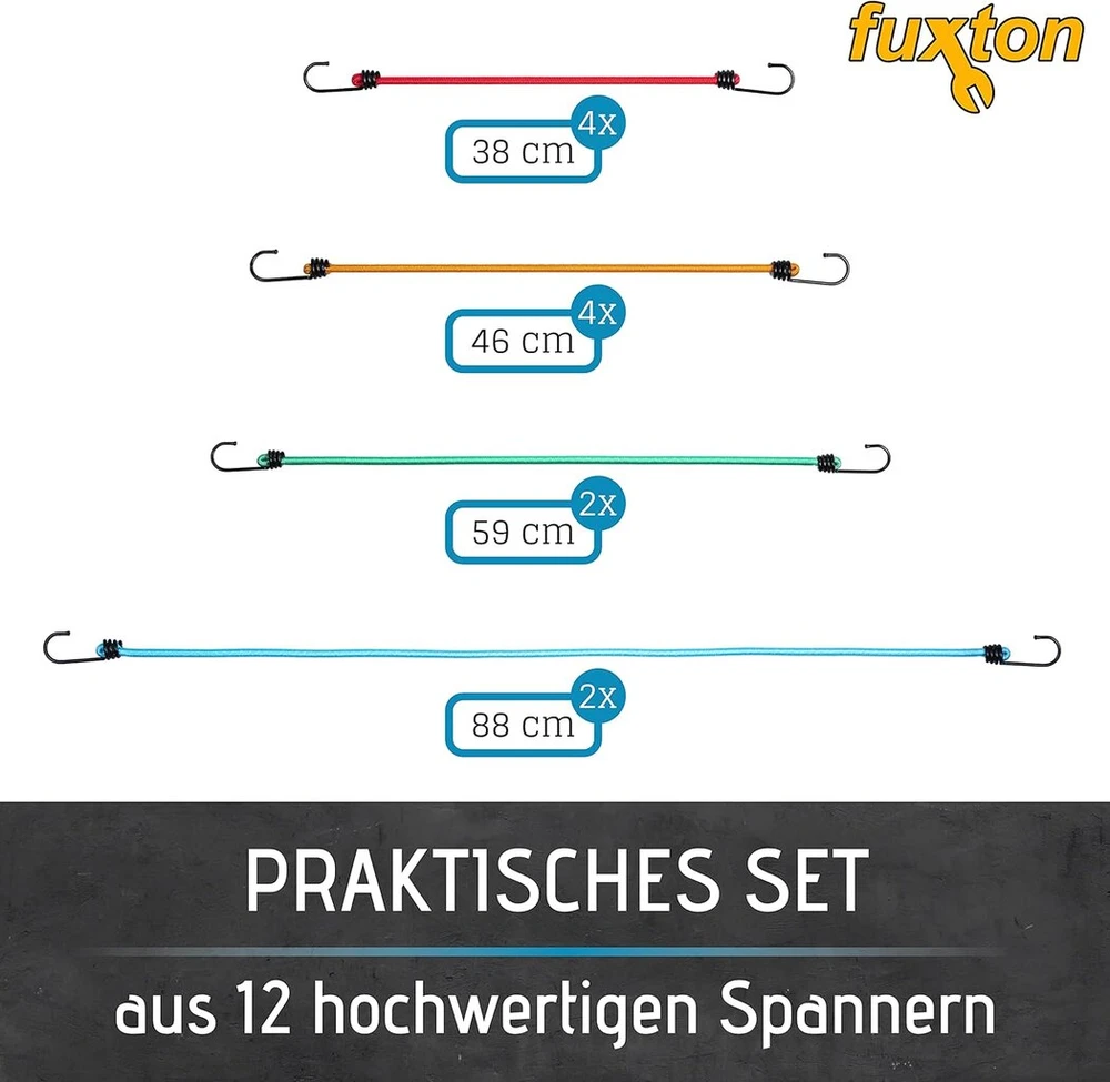 Fuxton 12 tvirtinimo diržų su kabliukais rinkinys, 4 ilgių ir spalvų (guma, elastinė juosta, įtempimo diržai, tvirtinimo diržai) automobiliui, kemperiui, motociklui, priekabai