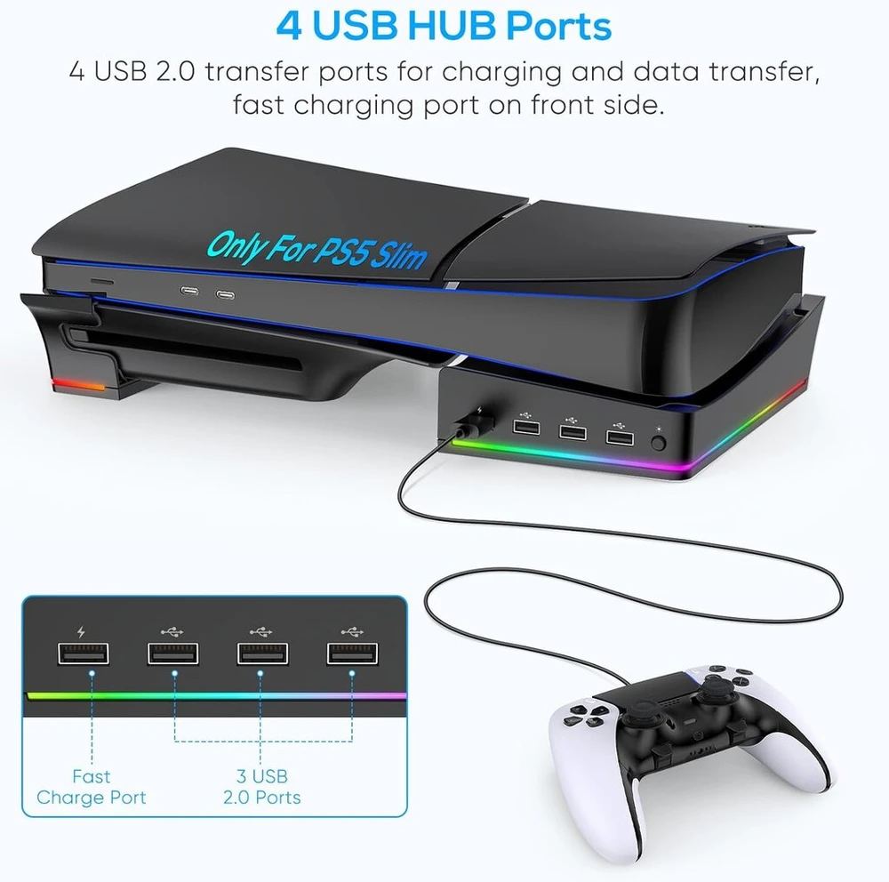 Fyoung horizontalus stovas, skirtas ps5 pro/ps5 slim su 14 rgb šviesų, neslystantis pagrindo stovas su 4 usb prievadais, skirtas playstation 5/ playstation 5 pro (juodas)