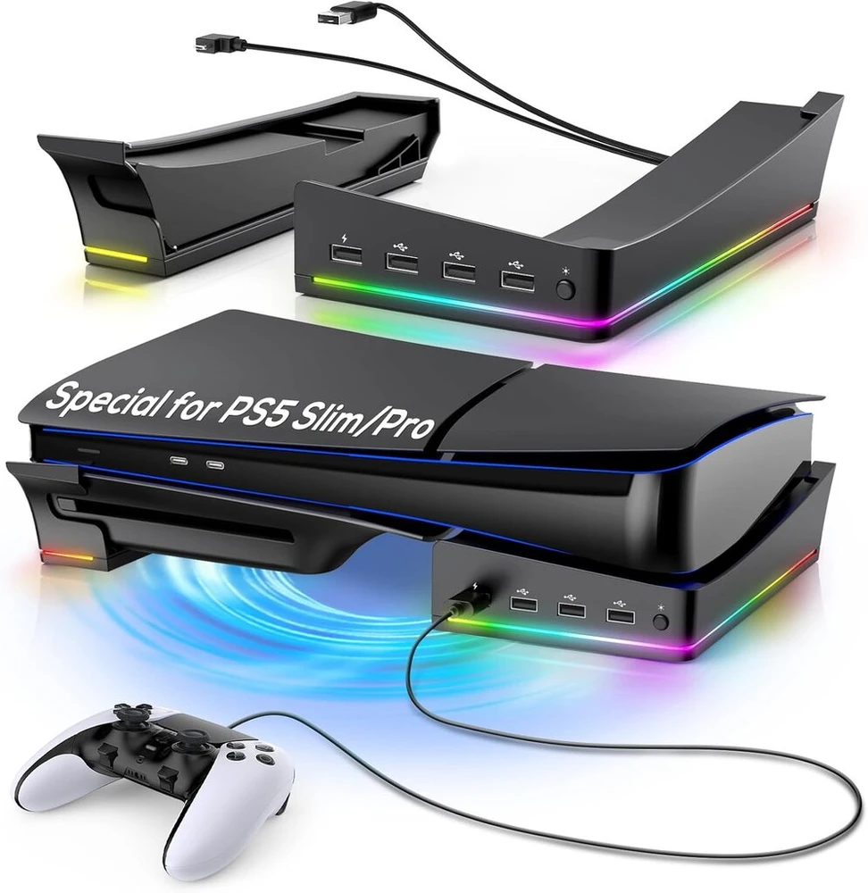 Fyoung horizontalus stovas, skirtas ps5 pro/ps5 slim su 14 rgb šviesų, neslystantis pagrindo stovas su 4 usb prievadais, skirtas playstation 5/ playstation 5 pro (juodas)