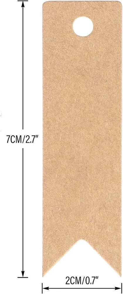 G2plus Mažos kraftpopieriaus etiketės – 7 x 2 cm mini dovanų etiketės – 100 etikečių pakuotė su džiuto virvele (ruda)