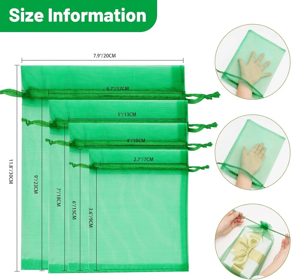 G2plus Žali organzos maišeliai dideli, 20 x 30 cm, vestuvių dovana, organzos maišelis, 50 organzos maišelių pakuotė su raišteliu, vestuvių saldainių maišelis, papuošalų maišelis, dovanų maišelis