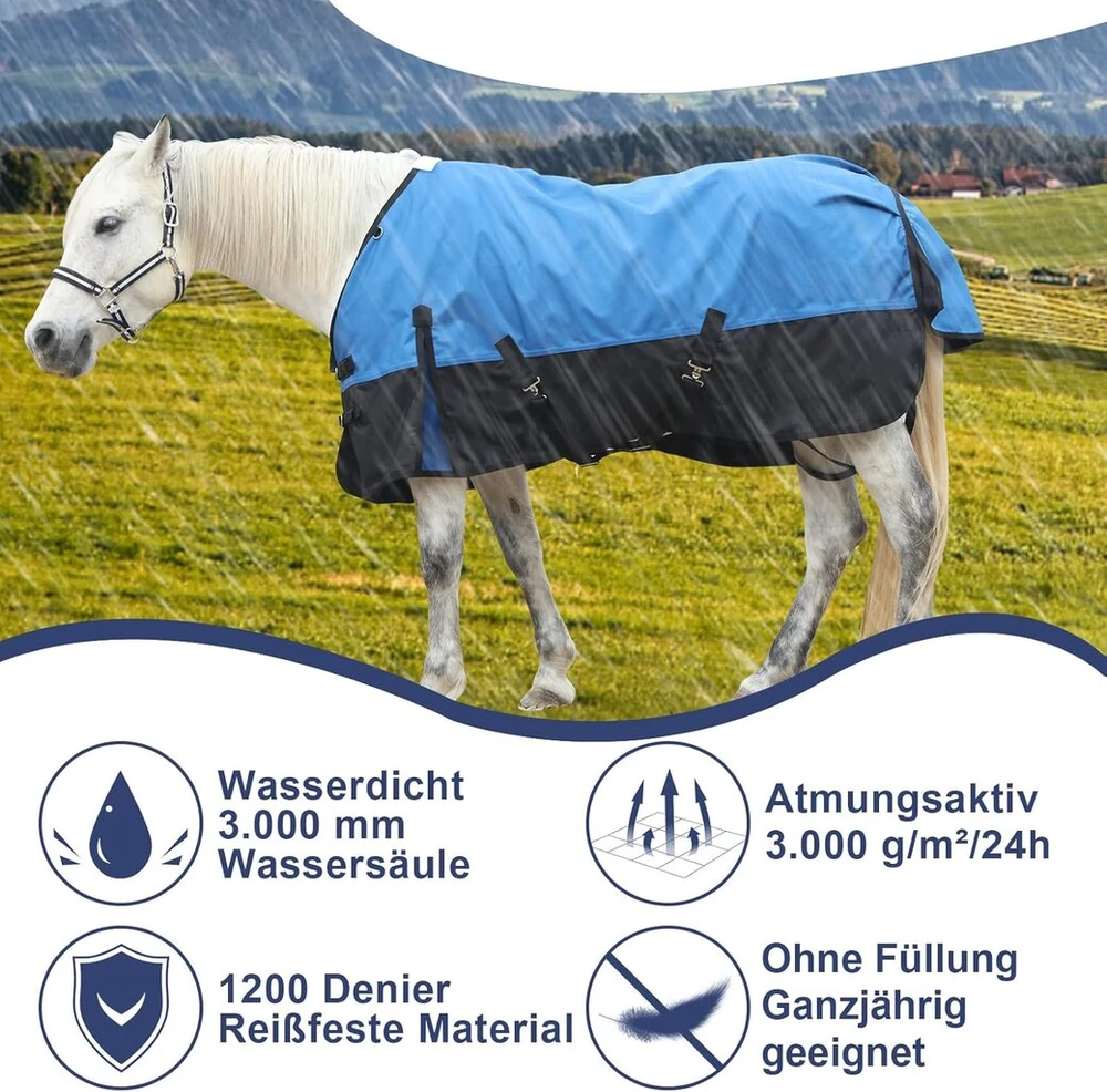 Gallopoff 1200d atspari plyšimui arklio antklodė be užpildo (0 g), lengva, neperšlampama ir kvėpuojanti apsauga nuo lietaus arkliams, lauko antklodė, arkliui, mėlyna/juoda, 135 cm