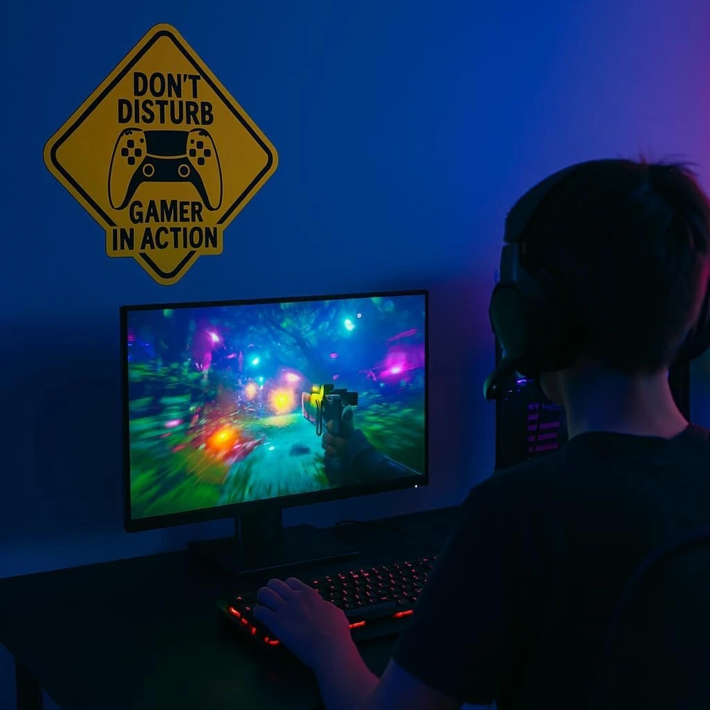 Gamer durų lipdukas "netrukdyti, žaidėjas veikia" 210x210mm geltonas vinilo lipdukas paauglių miegamajam, žaidimų kambariui, sienai ar kompiuterio paviršiui