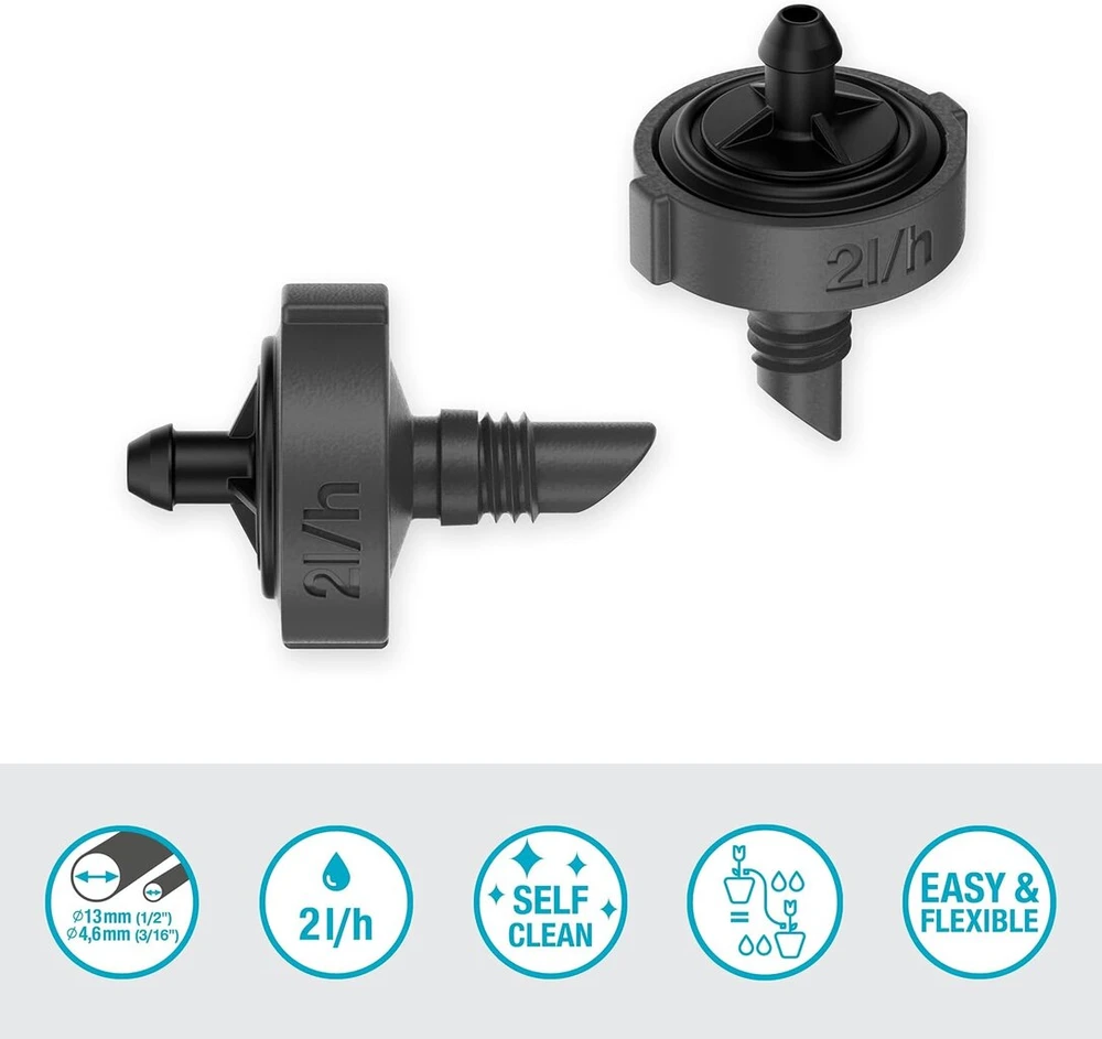 Gardena Micro-drip System eilinis lašintuvas 2 l/h, slėgio reguliavimas: galinis lašintuvas atskiriems augalams su skirtingu vazonų aukščiu, pastovus vandens išleidimas esant 0,5–4 bar (13302-20)