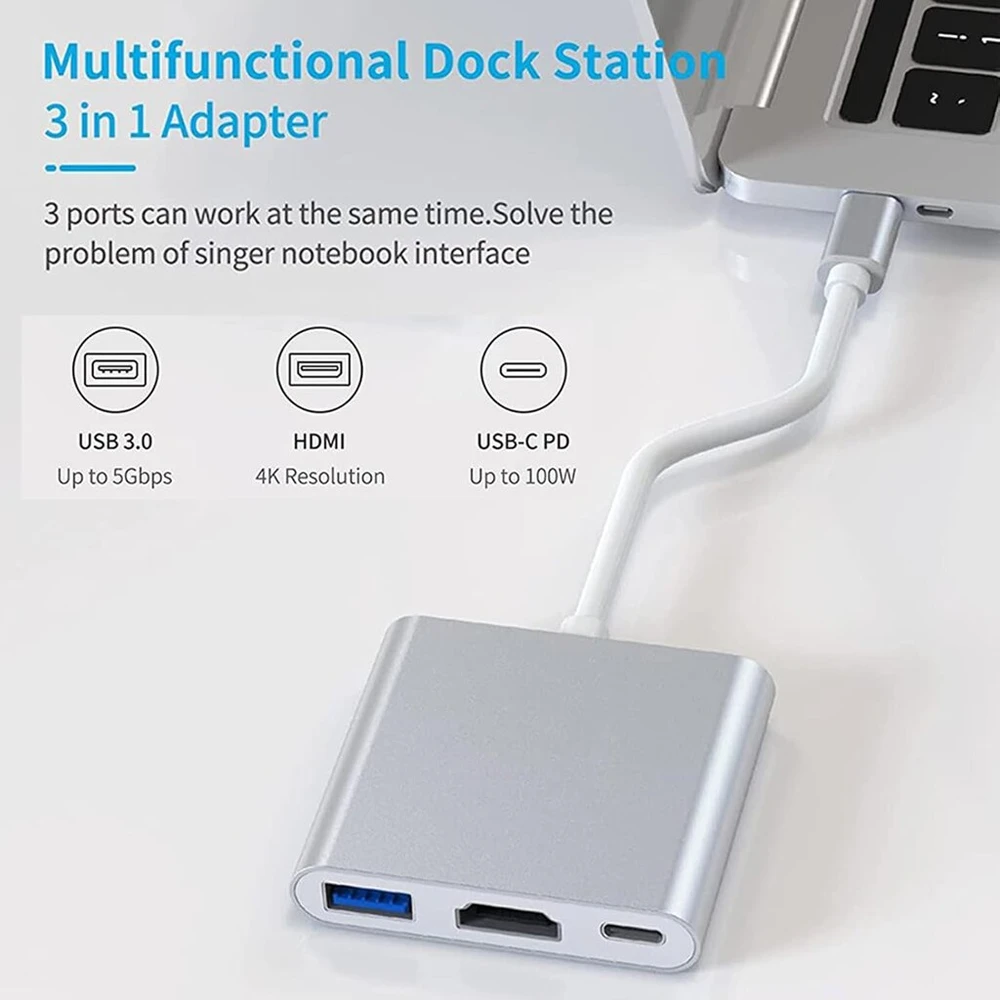 Garsent usb c šakotuvas, 3 viename nešiojamas aliuminio adapteris su 1 x 60w pd prievadu, 1 x hd multimedijos sąsaja (iki 4k), 1 x usb 3.0 (iki 5 gbps), 5