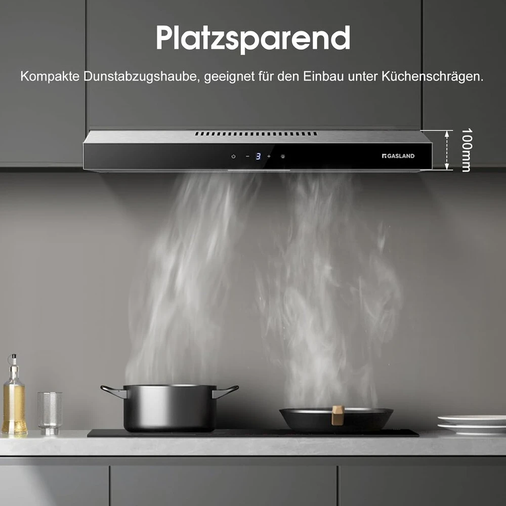 Gasland Chef Sr60ss gartraukis 60 cm recirkuliacinis, tylus ištraukiamas oras 202 m³/h aktyvintos anglies filtras, 3 lygių jutiklinis valdymas bazinis gartraukis su filtru, nerūdijantis plienas, sidabriniai stiklo ekranai