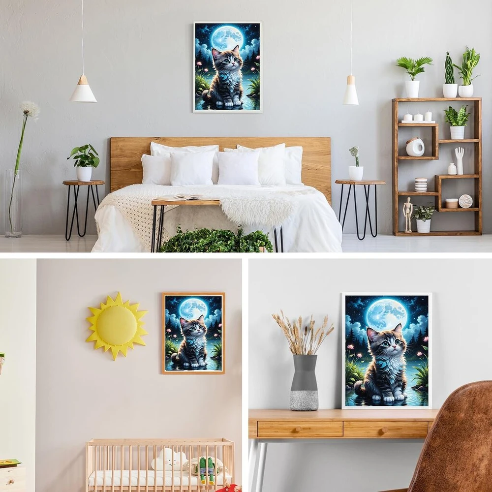 Gdyeeh 5d katės deimantų tapybos paveikslai, „pasidaryk pats“ mėnulio nakties deimantų meno tapybos rinkiniai, „dreamland“ deimantų tapybos rinkinys suaugusiems pradedantiesiems, mozaikos gamyba, deimantų tapyba namų dekoravimui 30 x 40 cm