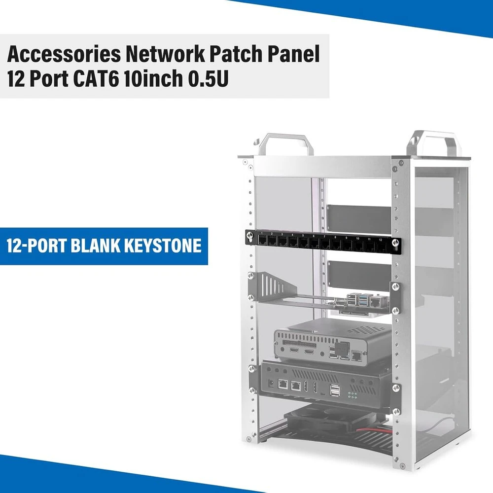 Geeekpi 12 prievadų patch panelis, 0.5u Cat6 tinklo patch panelis, skirtas Deskpi Rackmate T1/t0/t2 montavimui į stelažą ir 10 colių serverių stelažui/tinklo spintai