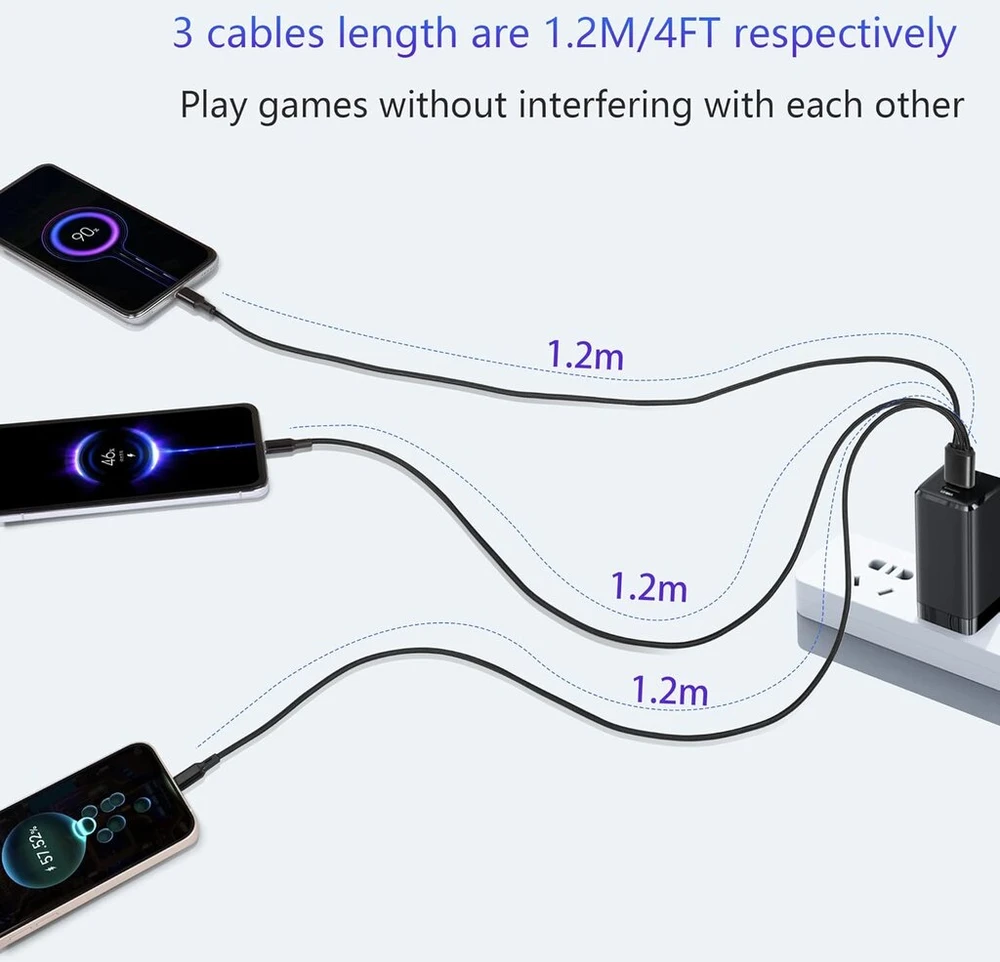 Gelrhonr 2 vnt. daugiafunkcis įkrovimo kabelis, 3 viename Type C įkrovimo kabelis, Usb A Male į 3 Type-c Male nailono pintas kabelis su 3 x 1.2 m kabeliu, duomenų perdavimas, skirtas Phone/15/15 Pro/15plus, S24 S23 (1.2m)