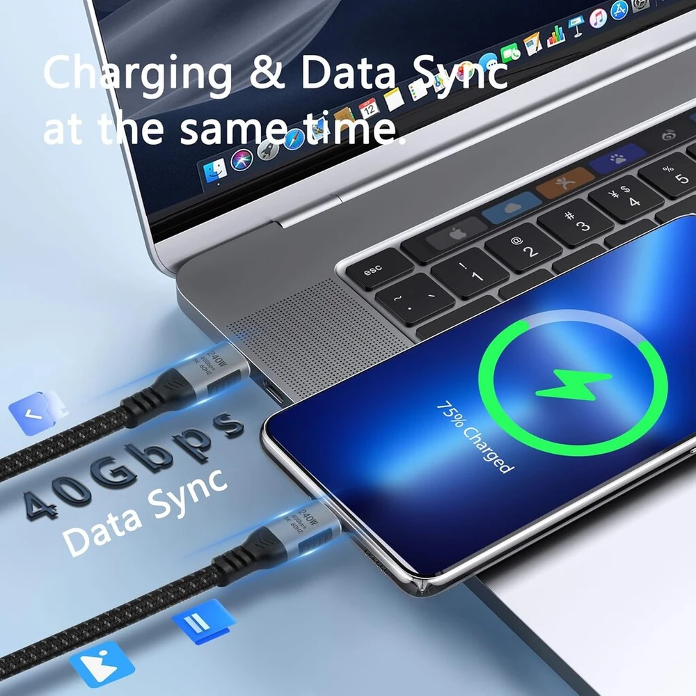 Gelrhonr 240 W Usb C į Usb C kabelis, Usb 4.0 Type C įkrovimo kabelis, greitas įkrovimas, 40 Gbps duomenų perdavimas, 8k @ 60hz 4k @ 120 Hz vaizdas, suderinamas su Thunderbolt 3, Hub, Ssd, Docking (0.2 m)