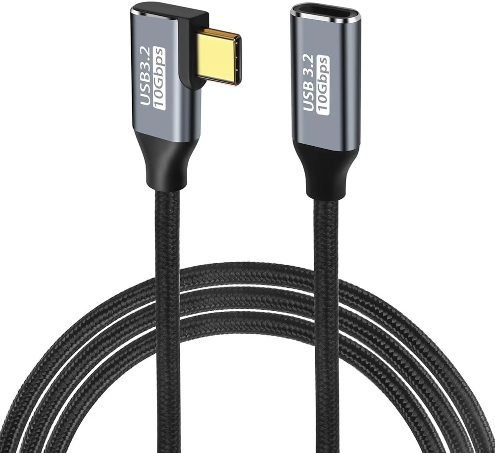 Gelrhonr 90 laipsnių kampo Usb C ilginamasis laidas, 10 Gbps Usb 3.2 Gen2 laidas, stačiu kampu Type C kištukas į lizdą prailgintuvas 100 W / 5 A greito įkrovimo nailoninis pintas laidas, skirtas Usb C įrenginiams (2 m / 6,5 pėdos)