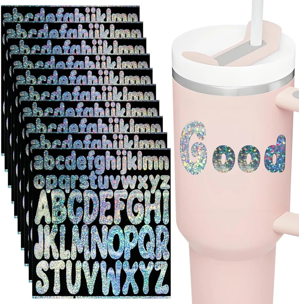 10 lapų raidžių lipdukų, skirtų Stanley puodeliams, viniliniai raidžių lipdukai, abėcėlės lipdukai, skirti suasmeninti puodelius, lipnūs blizgučių raidžių lipdukai, lipnios raidės