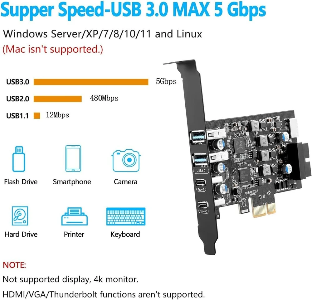 Generic Pcie Usb 3.0 plėtimosi kortelė: 6 prievadai (2x A, 2x C, 1x E, 1x 19pin)