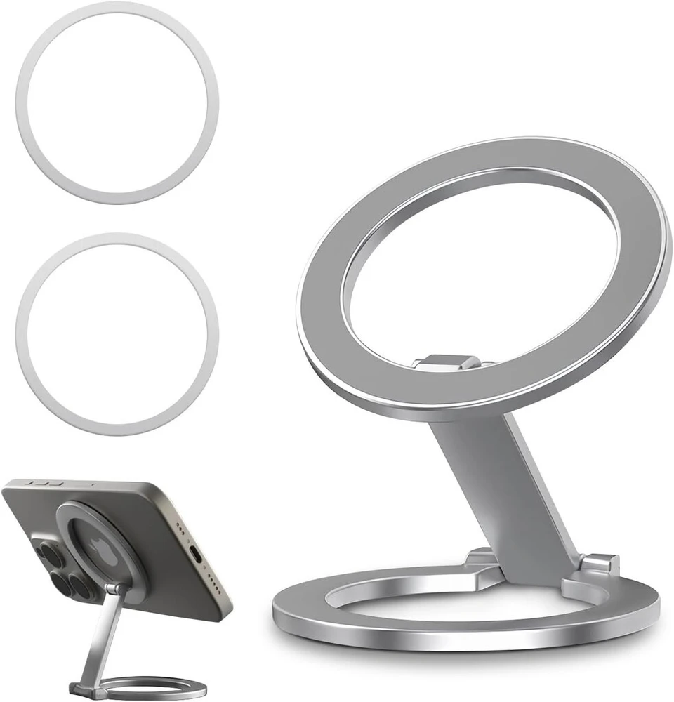 Generisch automobilinis telefono laikiklis, sulankstomas metalinis magnetinis telefono laikiklis, dvigubas magnetinis, pasukamas 360° kampu, su 2 magnetiniais žiedais (sidabrinis)