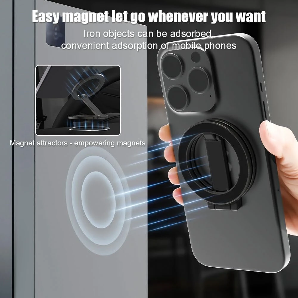 Generisch automobilinis telefono laikiklis, sulankstomas metalinis magnetinis telefono laikiklis, dvigubas magnetinis, pasukamas 360° kampu, su 2 magnetiniais žiedais (sidabrinis)