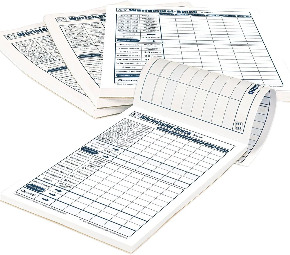 Generisch Premium kauliukų žaidimo bloknotas 4 blokai – iš viso 1200 žaidimų, galvosūkių ir kauliukų žaidimų (din A6 10,5 x 14,8 cm), galvosūkių žaidimai, laimėjimų lapų bloknotas