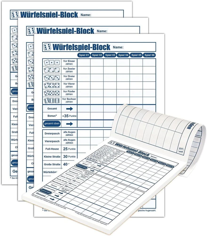 Generisch Premium kauliukų žaidimo bloknotas 4 blokai – iš viso 1200 žaidimų, galvosūkių ir kauliukų žaidimų (din A6 10,5 x 14,8 cm), galvosūkių žaidimai, laimėjimų lapų bloknotas