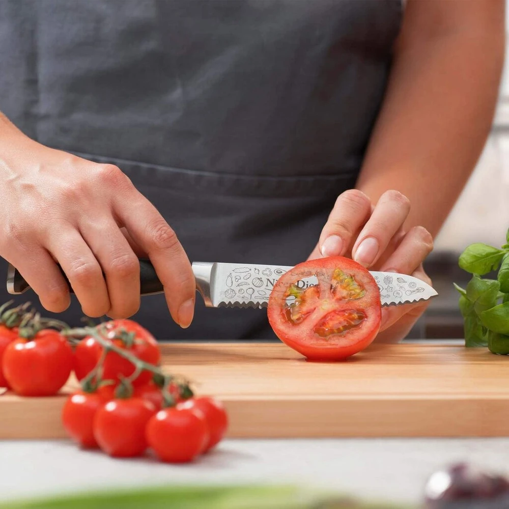 Genius A21365 Nicer Dicer Peilis 2 x Professional Utility Peilis (13 cm, atsparus rūdims) | Chef's Peilis iš nerūdijančio plieno su banguotu pjūviu visiems pjovimo darbams G-nox kokybės, juodas