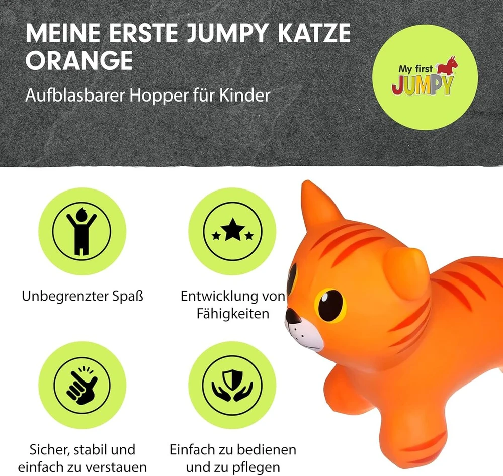 Gerardo's Toys oranžinis šokinėjantis katinas, šokinėjantys gyvūnai nuo 1 ir 2 metų, pripučiami gyvūnai žaislai lauke arba viduje vaikams nuo 12 mėnesių - su oro pompa