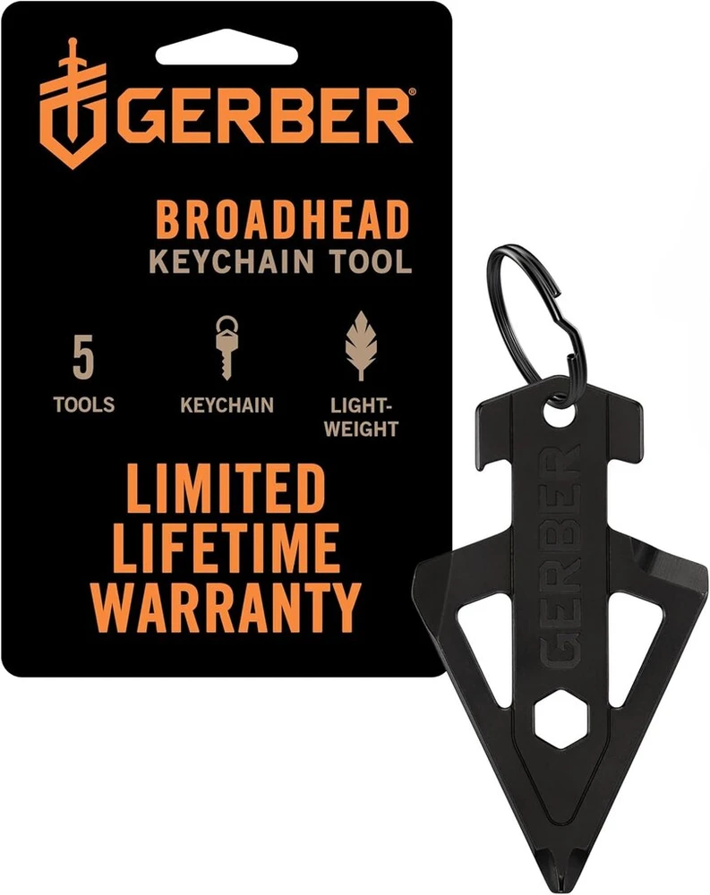 Gerber daugiafunkcis įrankis ir raktų pakabukas medžioklės entuziastams, Broadhead, su 5 funkcijomis smulkioms kasdienėms problemoms spręsti, ilgis: 6,5 cm, svoris: 26 g, nerūdijantis plienas, juodas, 1074044
