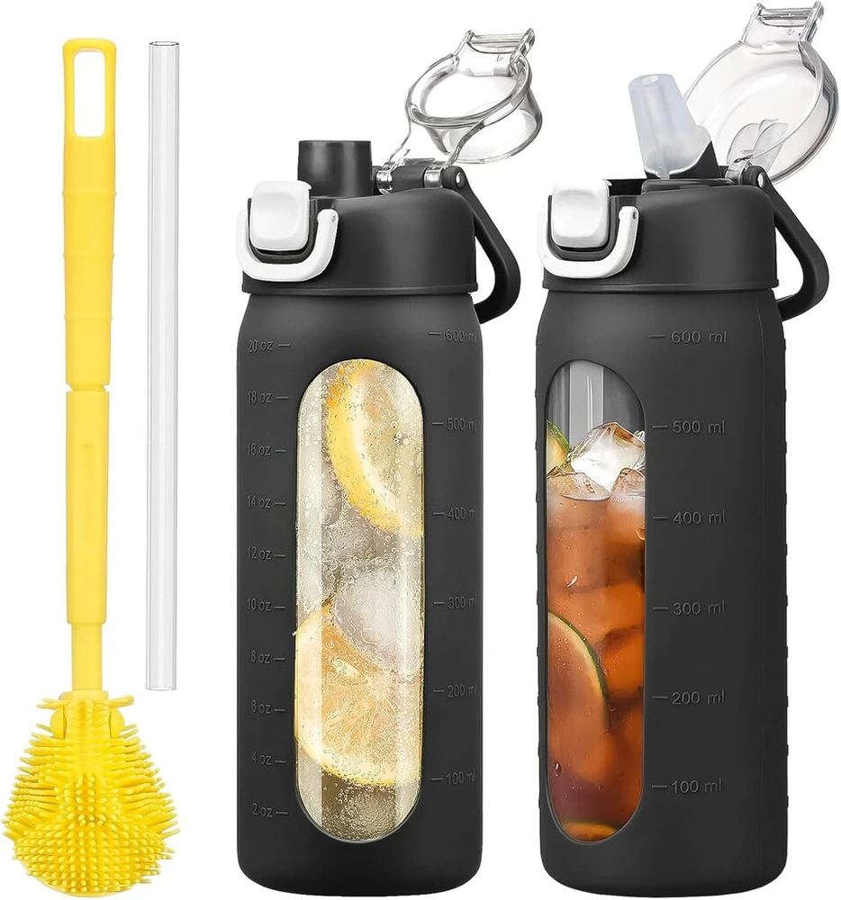 Gertuvė Hydraglazic 600 ml stiklinis gėrimo butelis su šiaudeliu, stiklinis butelis su neslystančiu silikoniniu dangteliu, plati anga, nepralaidus vandeniui ir kavai, be Bpa, juodas