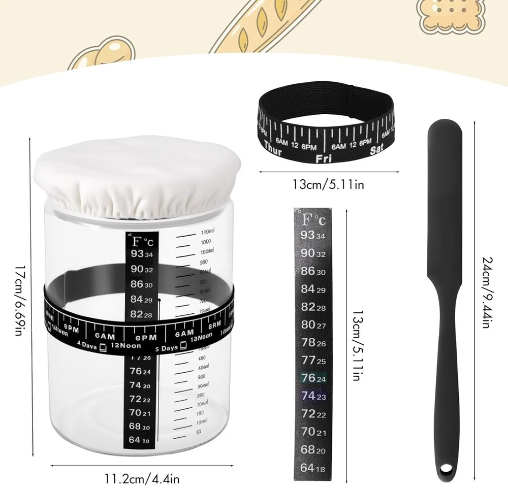 Gertuvė Sunjuly raugo rinkinys, 1200 ml raugo stiklainis su aliumininiu dangteliu, raugo rinkinys su termometro popieriumi, mentele, medžiaginiu dangteliu duonos kepimui, mielių fermentacijai