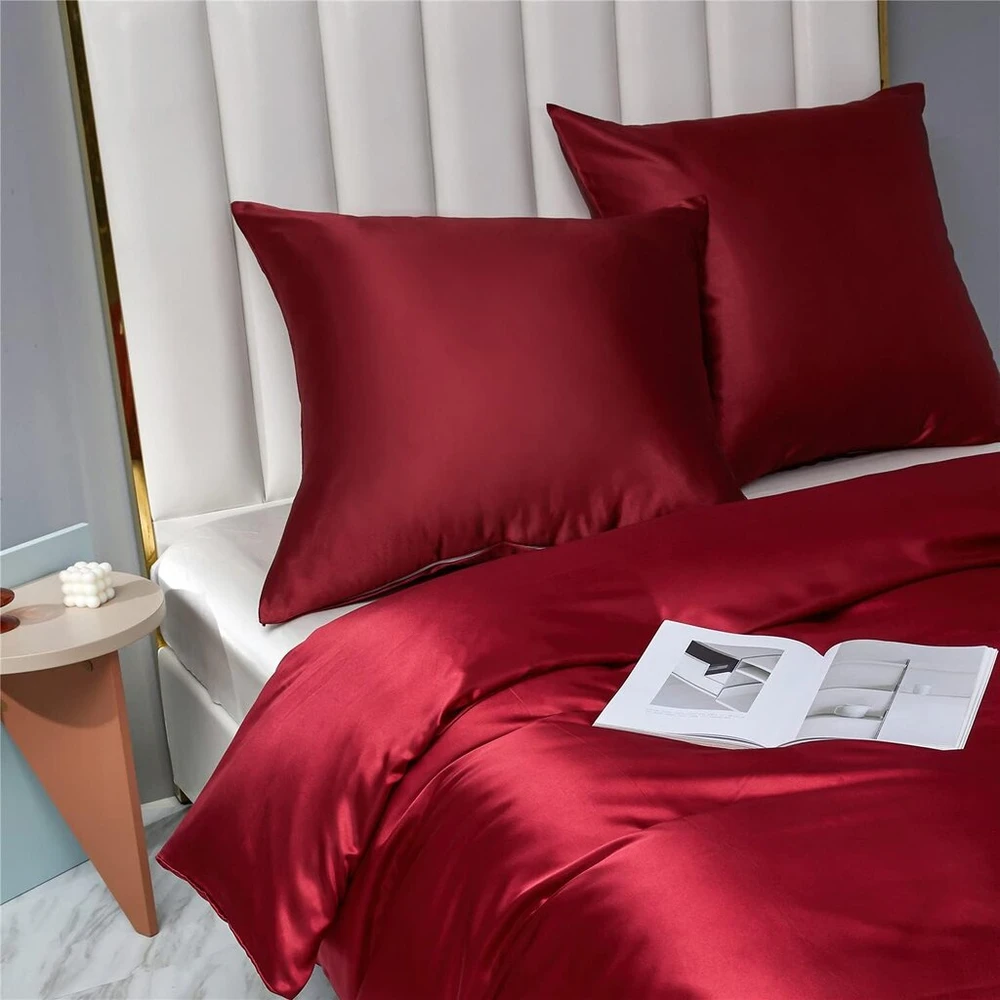 Gezu antklodės užvalkalas 200 x 200 cm, satininis bordo raudonos spalvos vienspalvis šilkinis glotnus minkštas patalynės komplektas 2 asmenims su 2 pagalvių užvalkalais 65 x 65 cm su užtrauktuku