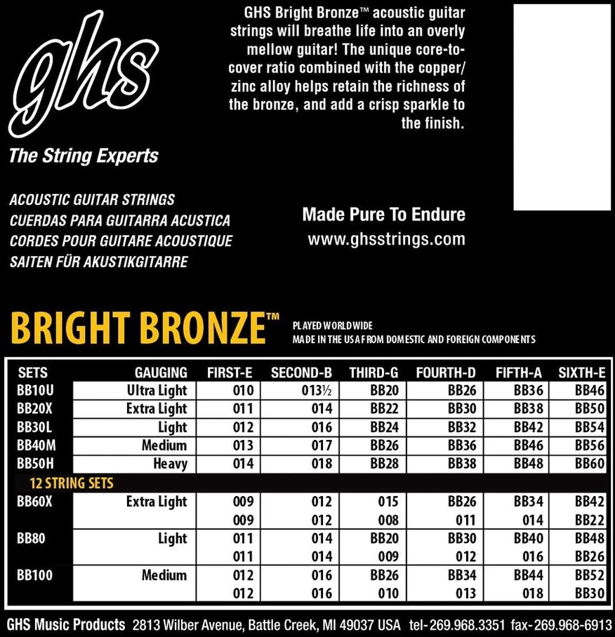 Ghs Bb 50 H Bright Bronze akustinės gitaros stygos
