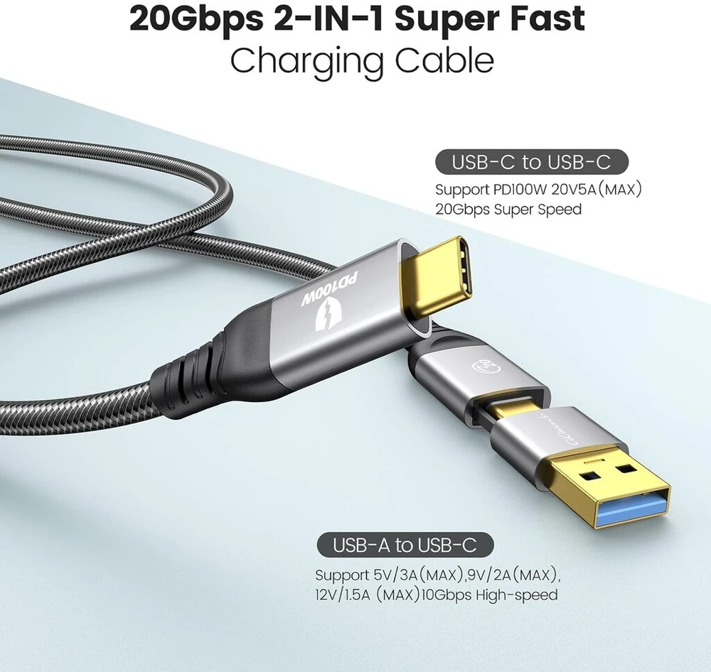 Gigimundo 20 gbps usb c kabelis (0,5 m) thunderbolt 3, palaiko 4k 60hz video pd 100w, usb 3.2 gen2x2 greito įkrovimo kabelis (2-in-1 usb a/c), puikiai tinka mac studio, grafikos planšetei, dronui, ekranui