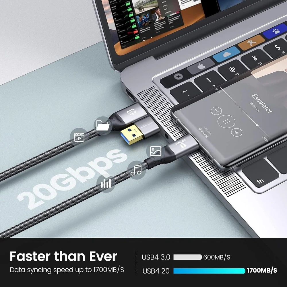 Gigimundo 20 gbps usb c kabelis (0,5 m) thunderbolt 3, palaiko 4k 60hz video pd 100w, usb 3.2 gen2x2 greito įkrovimo kabelis (2-in-1 usb a/c), puikiai tinka mac studio, grafikos planšetei, dronui, ekranui