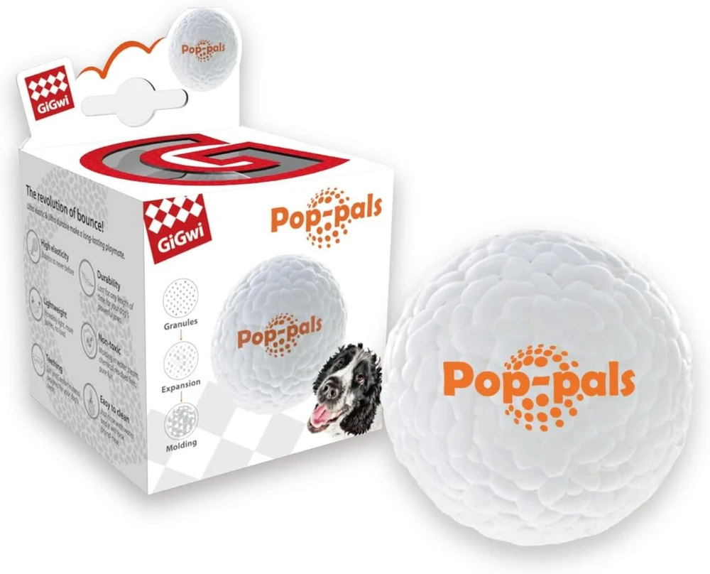 Gigwi šuns kamuolys pop-pals, pagamintas iš e-tpu (infinergy), itin elastingas ir patvarus, atlaiko ekstremalias sąlygas, gerai atšoka, švelnus dantims ir patvarus, labai tinka kamuolio laidynėms