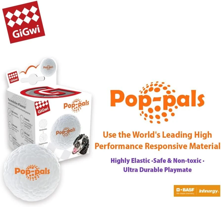 Gigwi šuns kamuolys pop-pals, pagamintas iš e-tpu (infinergy), itin elastingas ir patvarus, atlaiko ekstremalias sąlygas, gerai atšoka, švelnus dantims ir patvarus, labai tinka kamuolio laidynėms