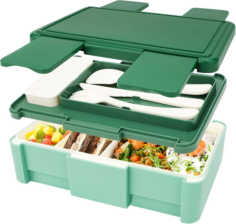 Giovara Dėžutė pietums „bento“, sudedama, 1450 ml talpos su 4 skyriais ir stalo įrankiais, „bento“ dėžutė pietums vaikams, nepralaidžios 2 sluoksnių dėžutės suaugusiems, vaikams, į biurą, galima naudoti mikrobangų krosnelėje ir plauti indaplovėje