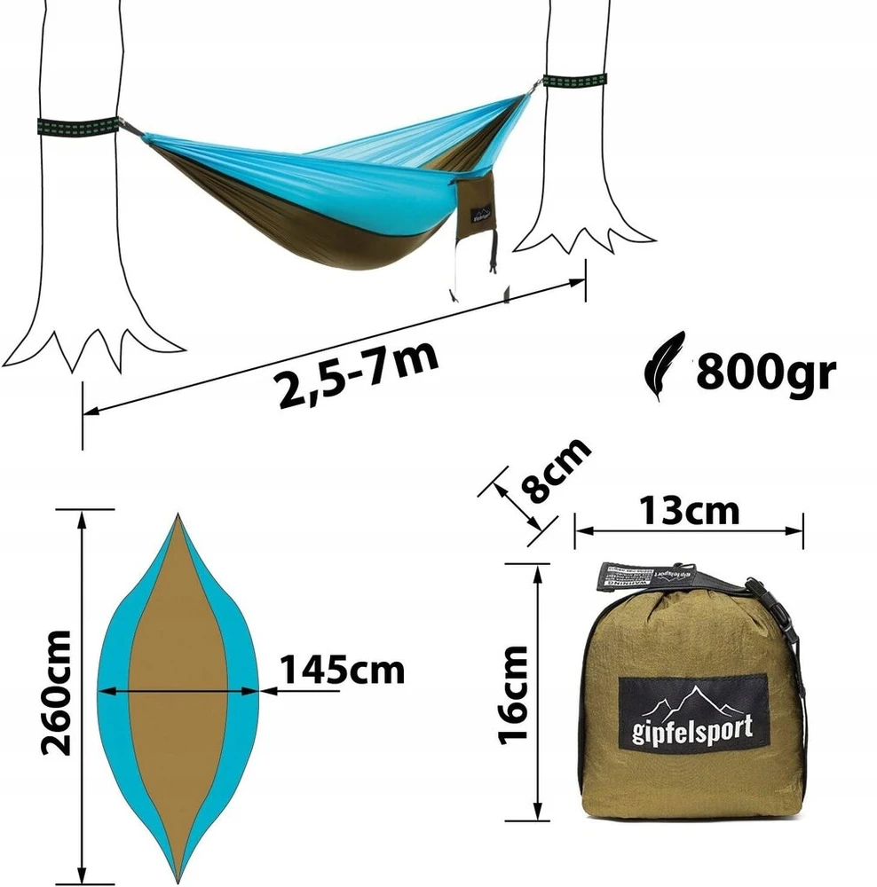 Gipfelsport Kempinginis sodo hamakas, nešiojamas, iki 250 kg, 260x145 + krepšys