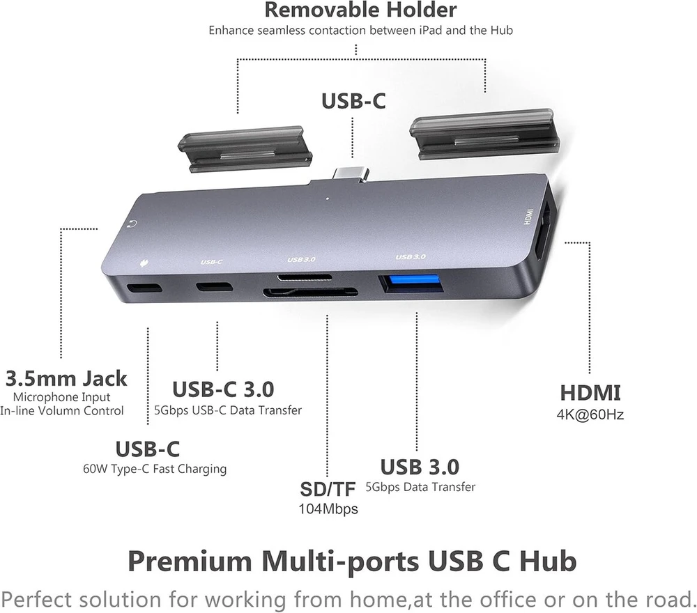 Gkeapza Ipad Pro Usb C šakotuvas, skirtas Ipad Pro 2024 M4 M2 M1, 7-in-1 šakotuvas su 4k Hdmi, 3,5 mm lizdu, Usb 3.0, Pd 60w, Sd/tf kortelių lizdu, Ipad Air 4/5, Ipad Mini 6, Ipad priedai