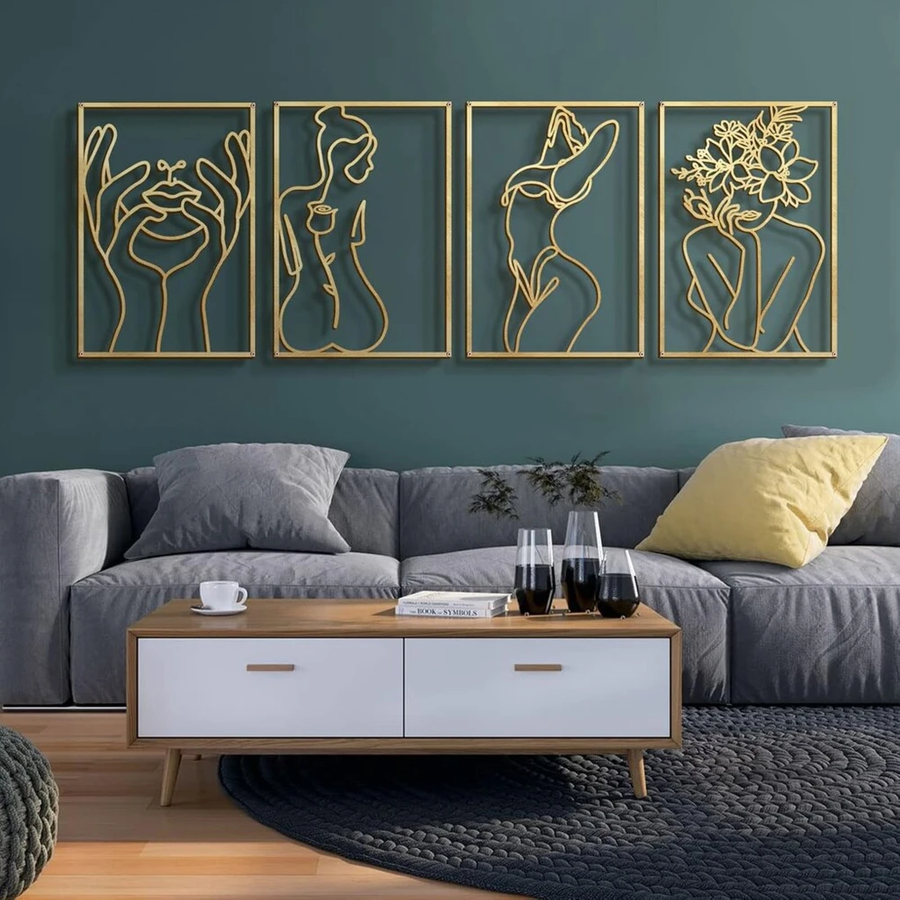 Plakatas Glamativity 4 dalių aukso spalvos sienų dekoras, minimalistinis dekoras, vienos linijos meno sienų dekoras, tikras metalas, moters kūno forma, abstraktus sienų menas (aukso klasikinis stilius, m 43,18 x 30,48 cm)