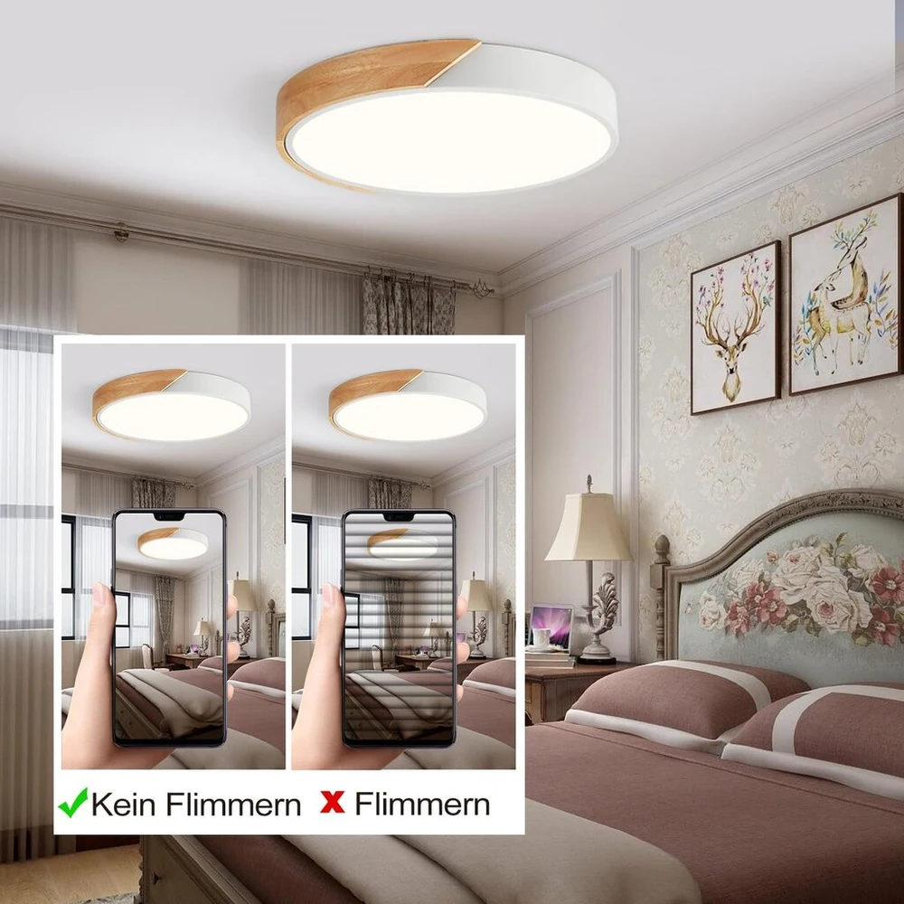 Glamexx24 medinis led lubų šviestuvas plokščias apvalus medinis šviestuvas skersmuo 50 cm 3000-6000 K 50 W 4000 Lm reguliuojamas su nuotolinio valdymo pulteliu moderniam paprastam miegamajam svetainei virtuvei valgomajam