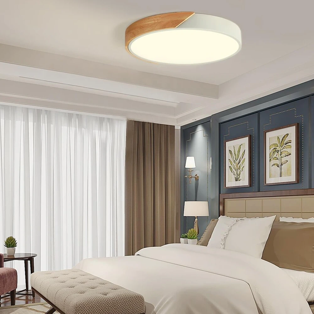 Glamexx24 medinis led lubų šviestuvas plokščias apvalus medinis šviestuvas skersmuo 50 cm 3000-6000 K 50 W 4000 Lm reguliuojamas su nuotolinio valdymo pulteliu moderniam paprastam miegamajam svetainei virtuvei valgomajam