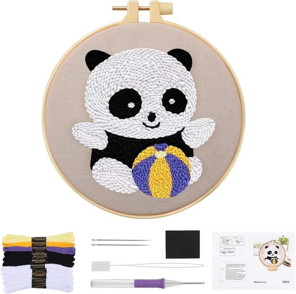 Glasflength Panda Punch Needle siuvinėjimo rinkinys pradedantiesiems, Punch Needle siuvinėjimo rinkinys su audinio siūlais, įvėrimo pagalba, raštais ir instrukcijomis, rankų darbo rinkinys pradedantiesiems vaikams