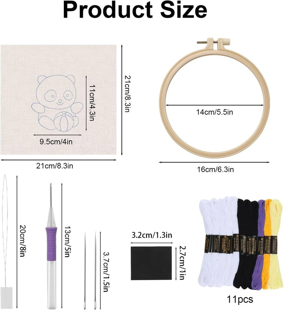 Glasflength Panda Punch Needle siuvinėjimo rinkinys pradedantiesiems, Punch Needle siuvinėjimo rinkinys su audinio siūlais, įvėrimo pagalba, raštais ir instrukcijomis, rankų darbo rinkinys pradedantiesiems vaikams