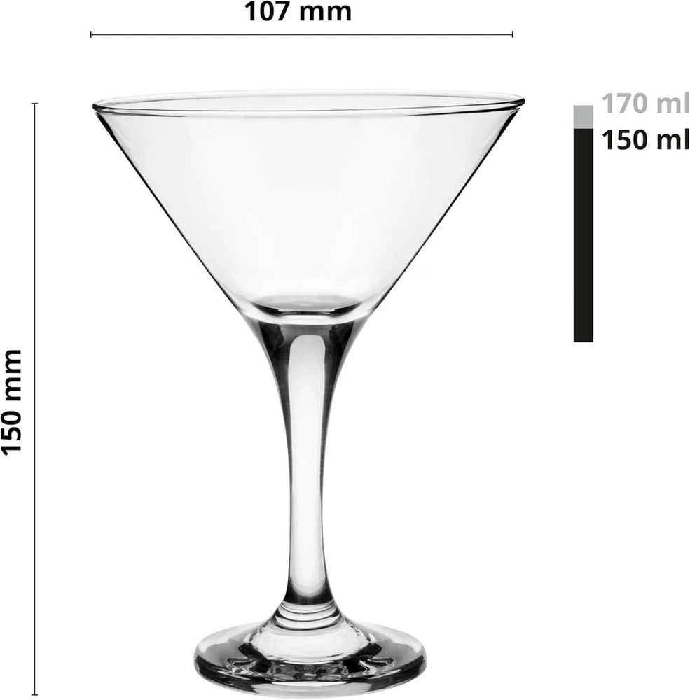 Glasmark Krosno 1992 taurių rinkinys martini kokteiliams, 6 taurių rinkinys martini kokteiliams su kojele, kokteilių indas, martini indas, galima plauti indaplovėje, 6 x 150 ml