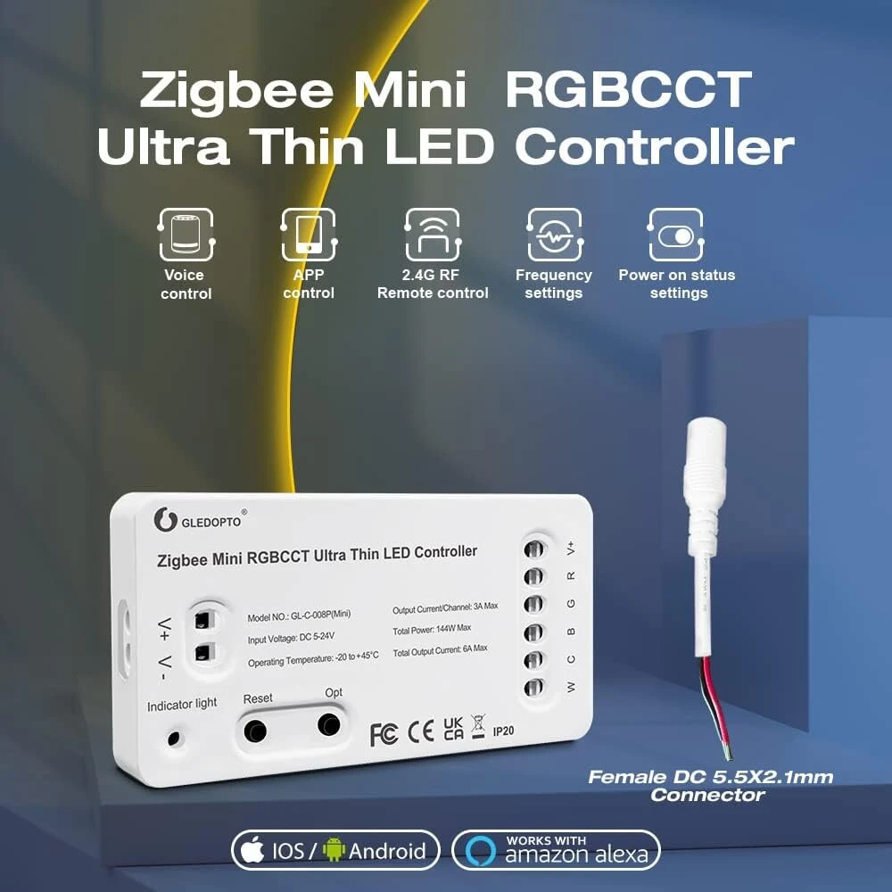 Gledopto 5-in-1 Zigbee Mini Rgbcct Rgbw Led valdiklis-dimeris Dc5-24v Ip20, valdomas per vartus, programėlę, balsu ir Rf nuotoliniu būdu