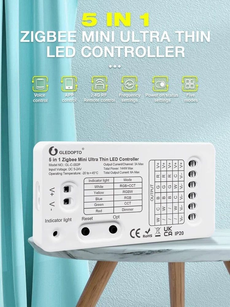 Gledopto 5-in-1 Zigbee Mini Rgbcct Rgbw Led valdiklis-dimeris Dc5-24v Ip20, valdomas per vartus, programėlę, balsu ir Rf nuotoliniu būdu