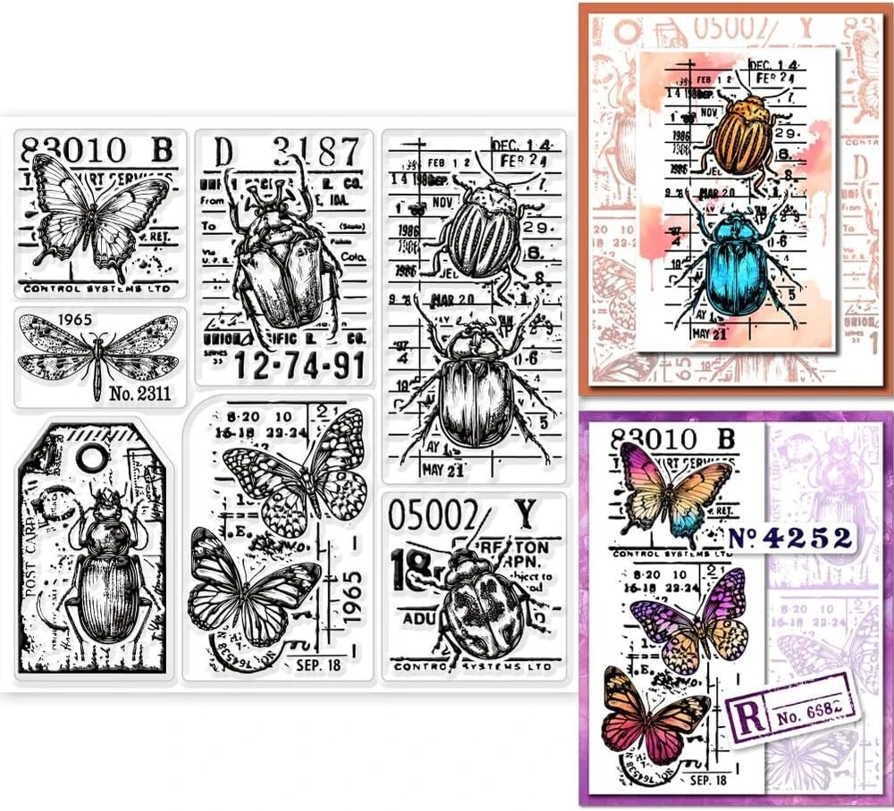Globeland skaidrūs antspaudai su vabzdžių motyvais "pasidaryk pats" scrapbooking'ui, drugelis, vabalas, laumžirgis, silikoninis antspaudas, ruonis, skaidrus antspaudas kortelėms, nuotraukų albumui, dienoraščiui, 15,01 x 15,01 cm