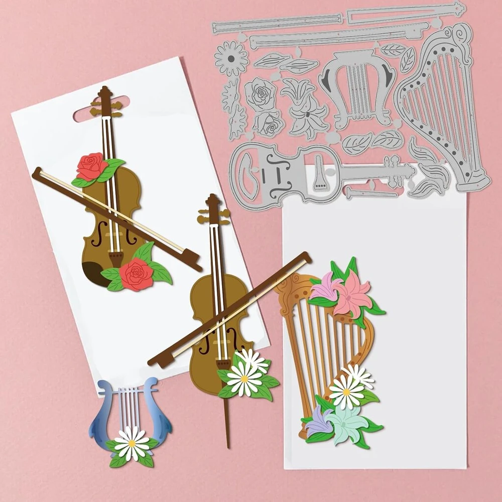 Globeleland pavasarinės išpjovimo formelės arfai, violončelei, smuikui ir gėlėms, metalinės, gėlių instrumento išpjovimo ir įspaudimo šablonas, retro muzikos instrumentas, popieriaus perforavimas scrapbooking'ui, kortelių gamybai
