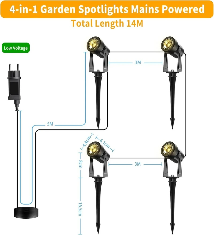 Globelit sodo apšvietimas su maitinimo šaltiniu 14 m, 3 W x 4 Led sodo apšvietimas, 27 V šilta balta 3000 K lauko apšvietimas sodui Ip65 atsparus vandeniui takams, vejai, namams, kiemui