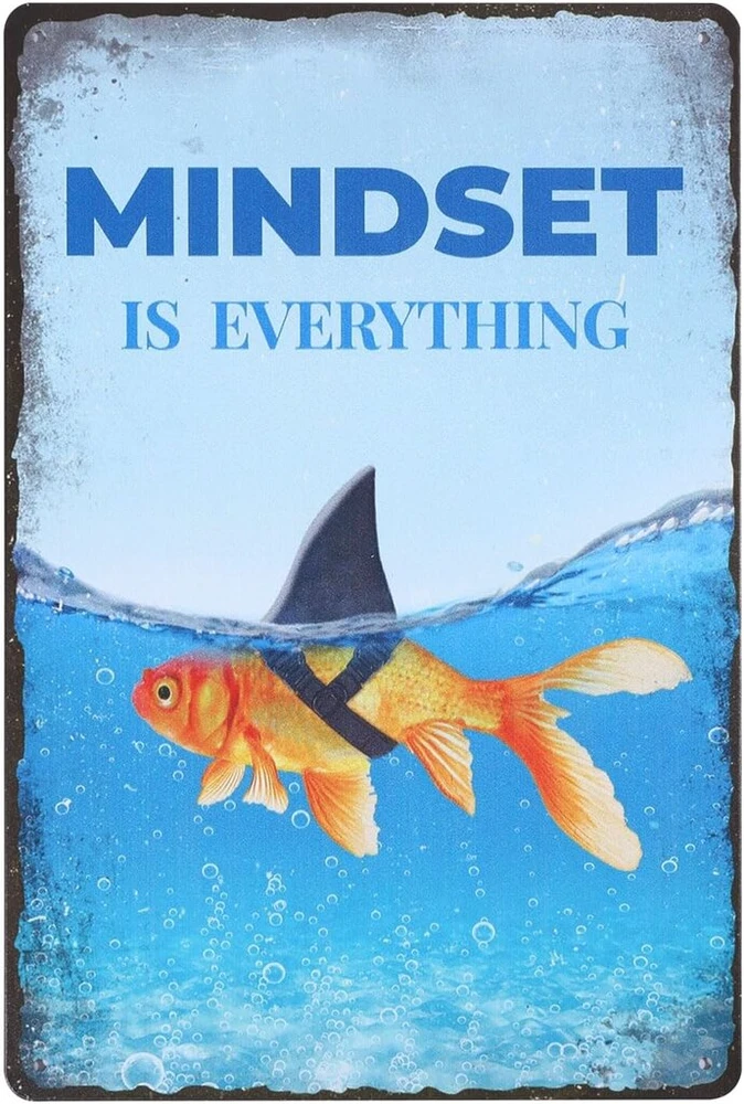 Globleland Goldfish Shark vintažinė metalinė skardos iškaba, meno plokštelė, retro plakatas "mindset Is Everything", metalinės sienų dekoratyvinės skardos iškabos 30 x 20 cm namų virtuvės baro kavinės klubo vasaros dekoravimui